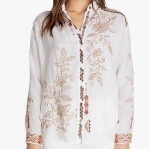 Johnny Was Chai Embroidered Ramie Shirt White Floral Boho Top Women’s Medium